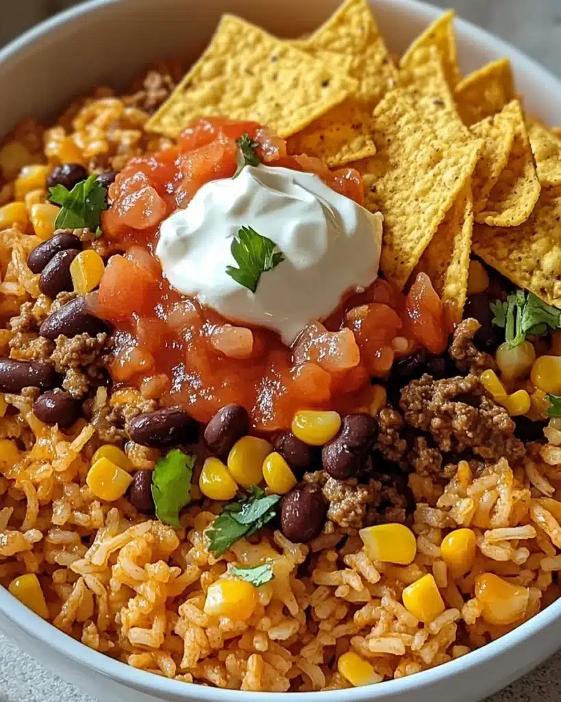 Delicious Taco Rice Bowl topped with Doritos for a tasty meal