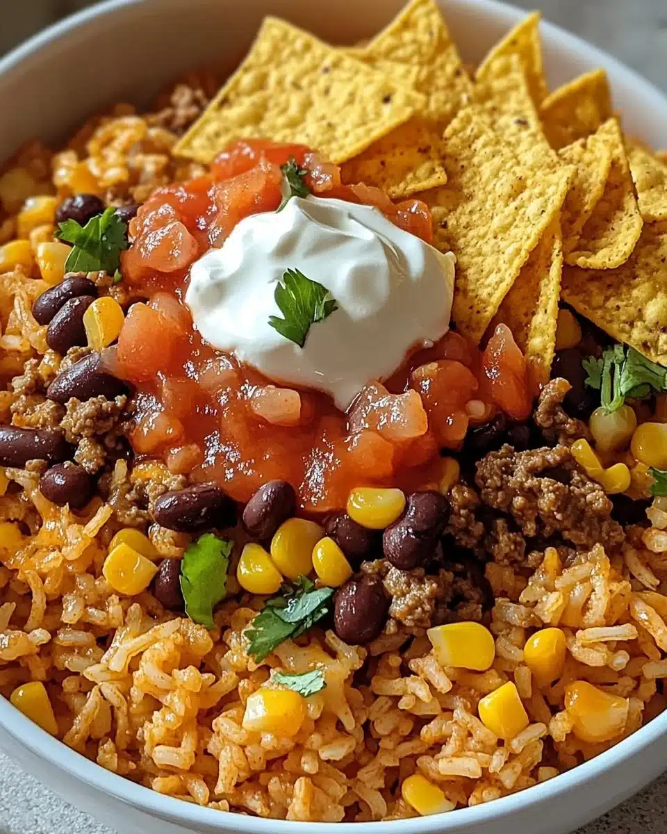 Delicious Taco Rice Bowl topped with Doritos for a tasty meal
