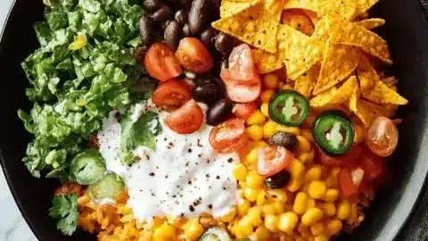Taco Rice Bowl topped with Doritos and fresh ingredients on a plate