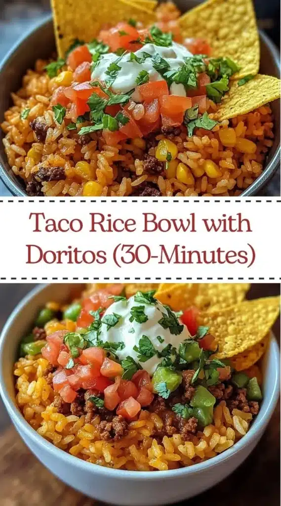 Delicious taco rice bowl topped with Doritos in a vibrant dish