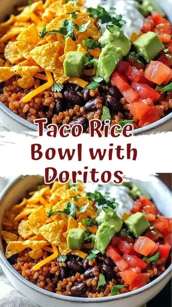 Delicious Taco Rice Bowl topped with Doritos for added crunch and flavor
