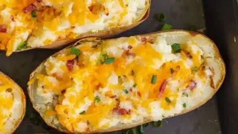Plate of delicious twice-baked potatoes garnished with chives and cheese.