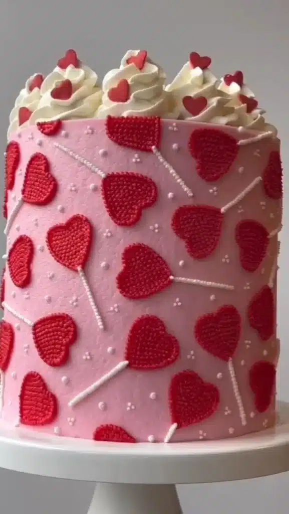 Delicious Valentine's Day Cake decorated with hearts and roses.