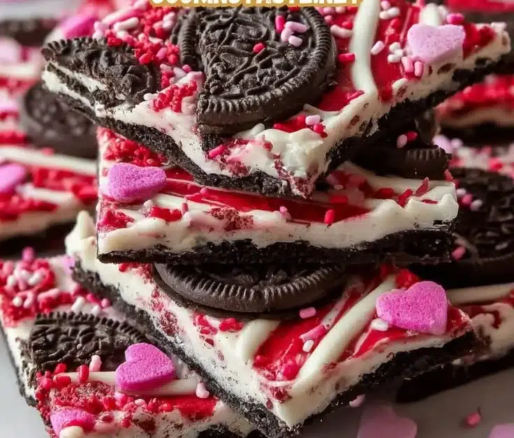 Valentine's Day Oreo Cookie Bark with melted chocolate and crushed Oreos