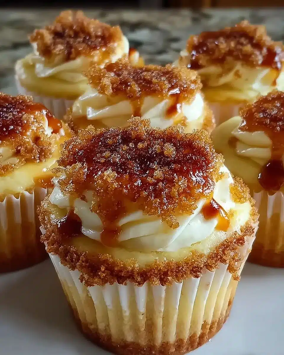 Vanilla Bean Crème Brûlée Cheesecake Cupcakes with caramelized sugar topping