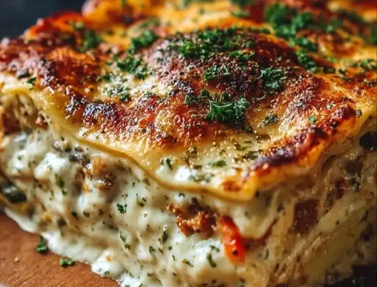 Vegetable Lasagna with creamy white sauce, fresh vegetables, and cheesy layers