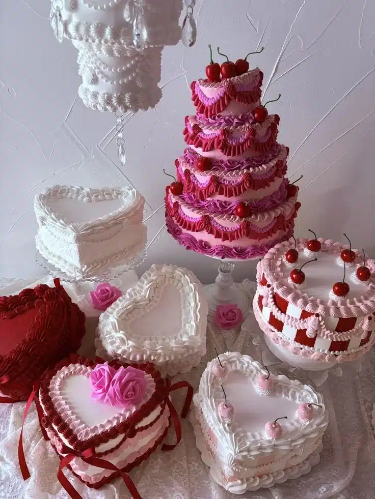 Delicious vintage style heart cakes decorated for special occasions