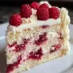 Decadent white chocolate raspberry dream cake with rich layers and fresh raspberries