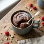 5 minute mug cake in a ceramic mug, delicious chocolate dessert ready to eat.