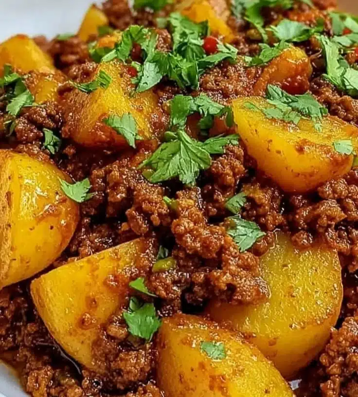 Delicious Aloo Keema served with rice and garnished with fresh cilantro.