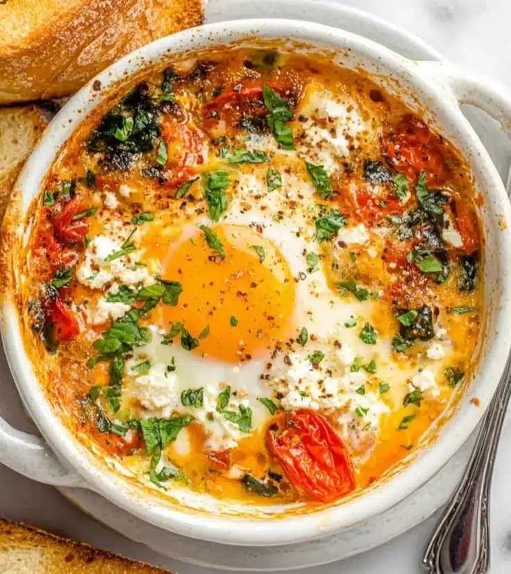 Delicious baked feta eggs served on a plate with fresh herbs