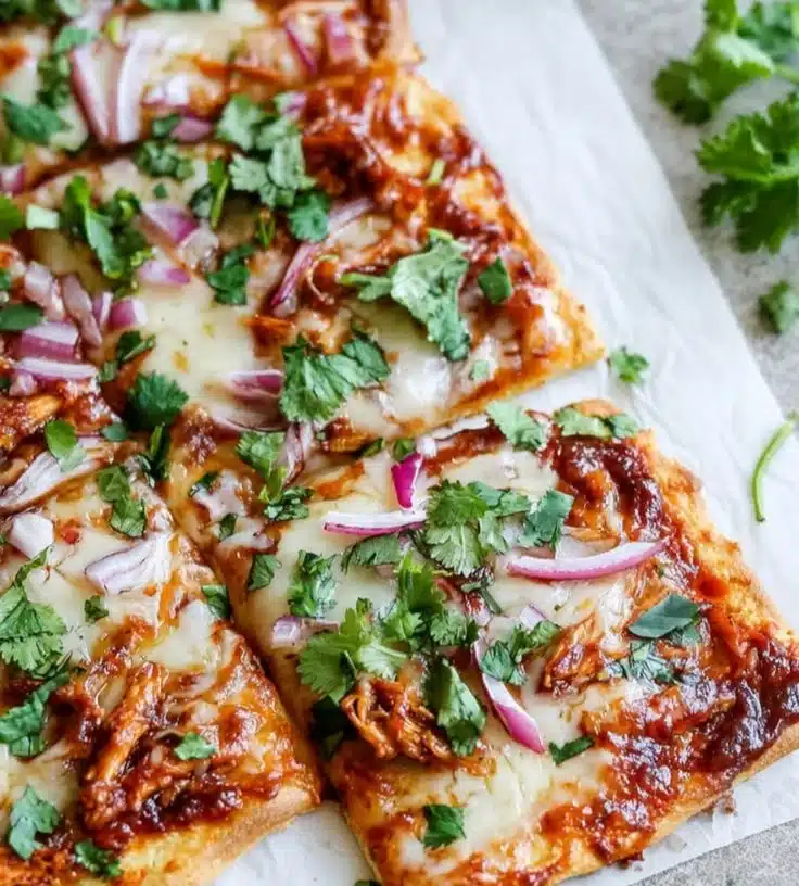 BBQ Chicken Pizza with a crispy crust and toppings of grilled chicken and BBQ sauce