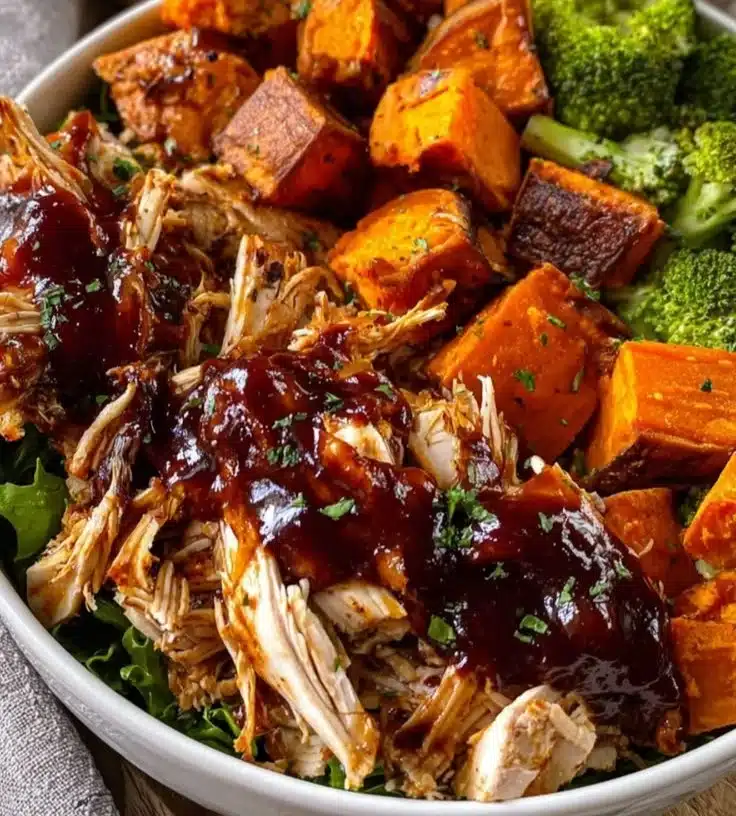 BBQ chicken sweet potato bowls topped with fresh herbs and sauce