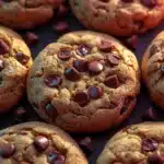 Freshly baked chocolate chip cookies on a cooling rack