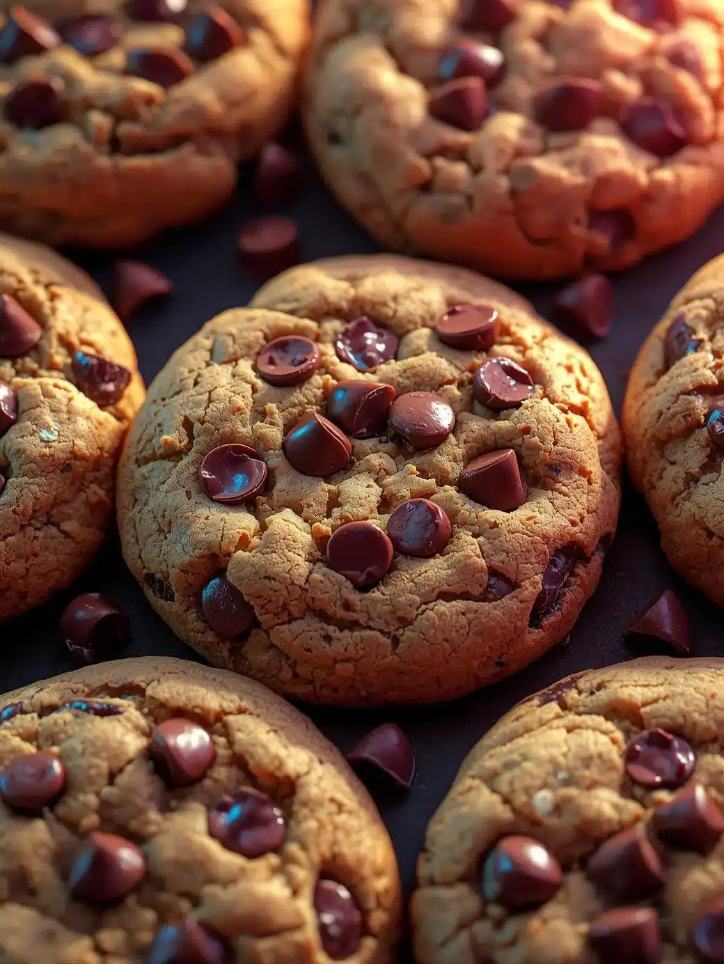 Freshly baked chocolate chip cookies on a cooling rack