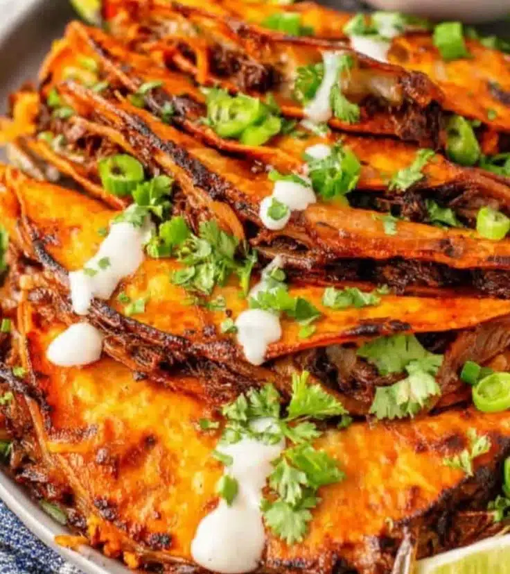 Delicious homemade Birria Tacos served with broth for dipping