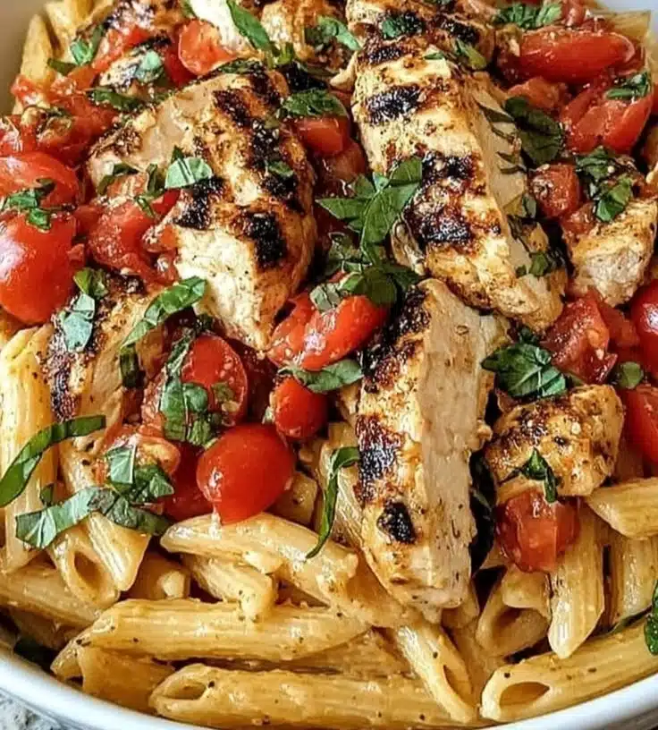 Bruschetta Chicken Pasta dish garnished with fresh tomatoes and basil