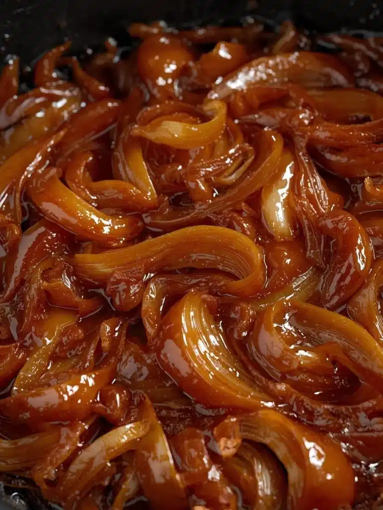 Deliciously cooked caramelized onions in a skillet, ready for use in dishes.