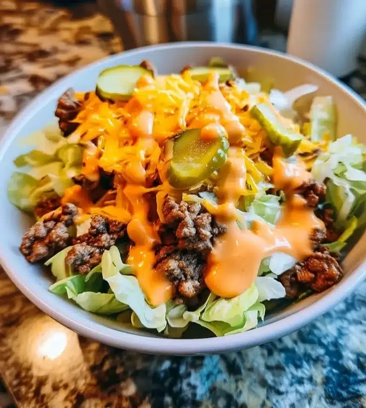 Delicious cheeseburger bowl topped with fresh ingredients