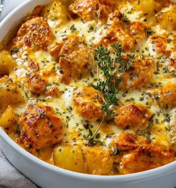 Delicious Cheesy Chicken Potatoes topped with melted cheese