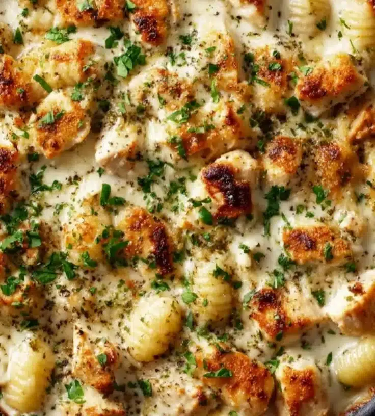 Delicious Chicken Alfredo Gnocchi Bake topped with cheese and herbs.