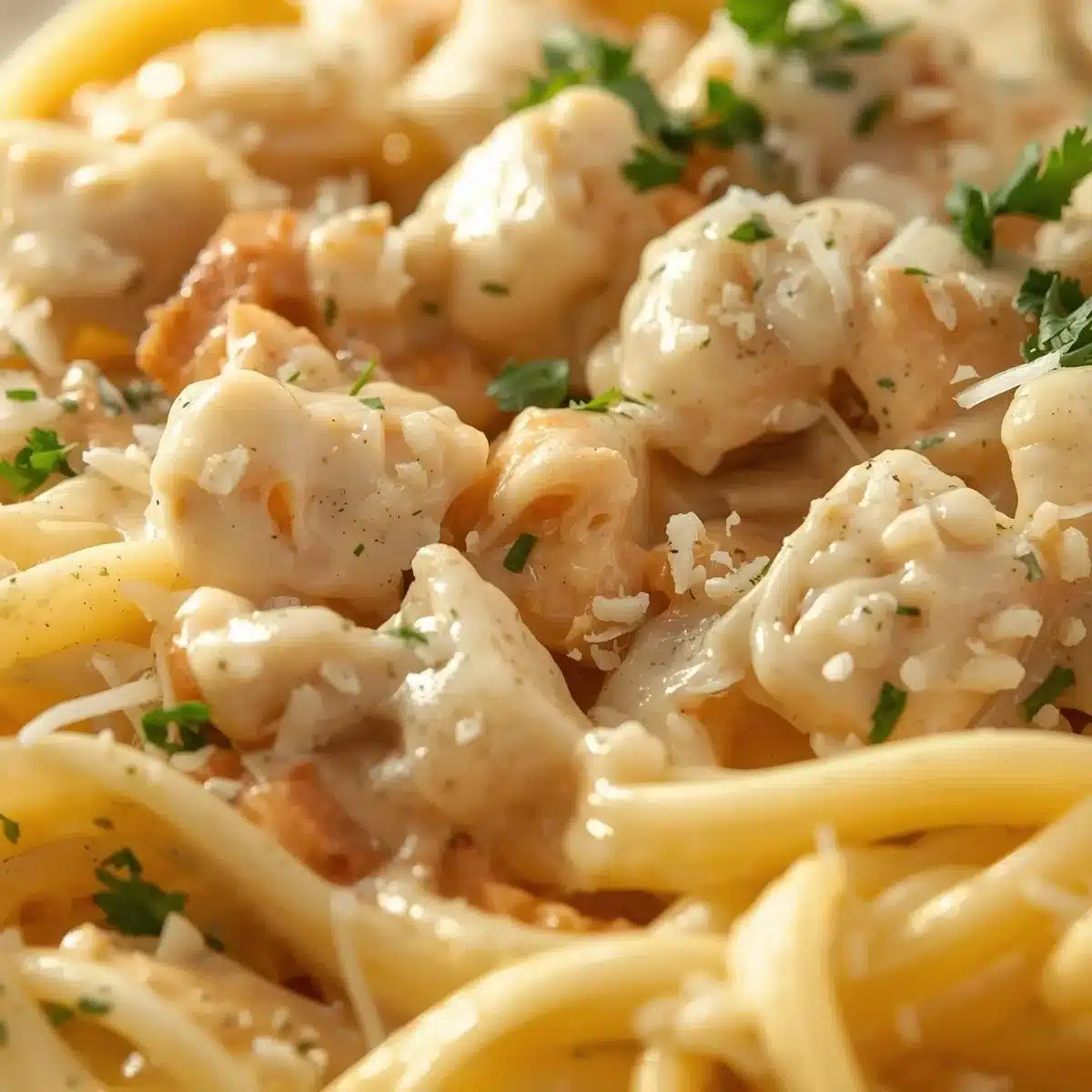 Creamy Chicken Alfredo Pasta garnished with parsley on a white plate