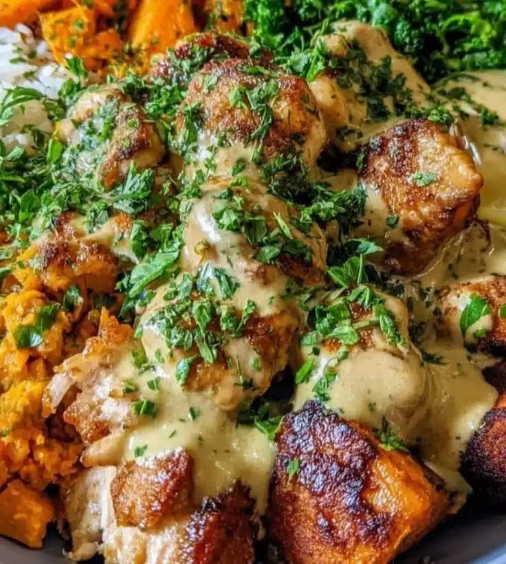 Healthy Chicken and Sweet Potato Bowls with vibrant vegetables