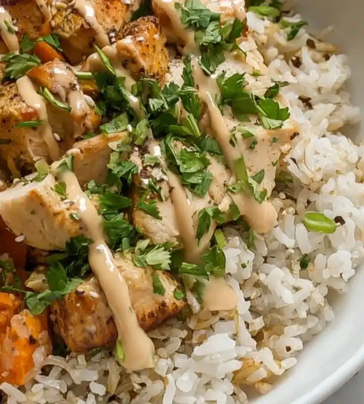 Delicious chicken and sweet potato rice bowl with fresh ingredients