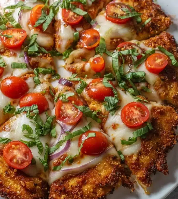 Chicken Crust Pizza topped with cheese and vegetables