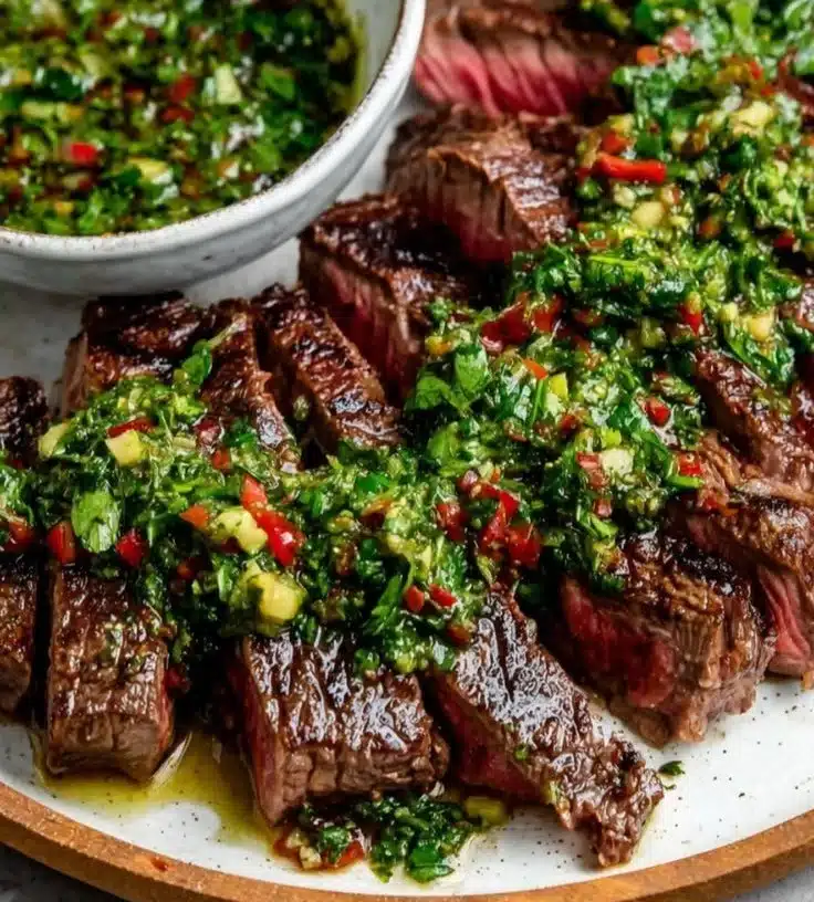 Grilled chimichurri steak topped with fresh herb sauce