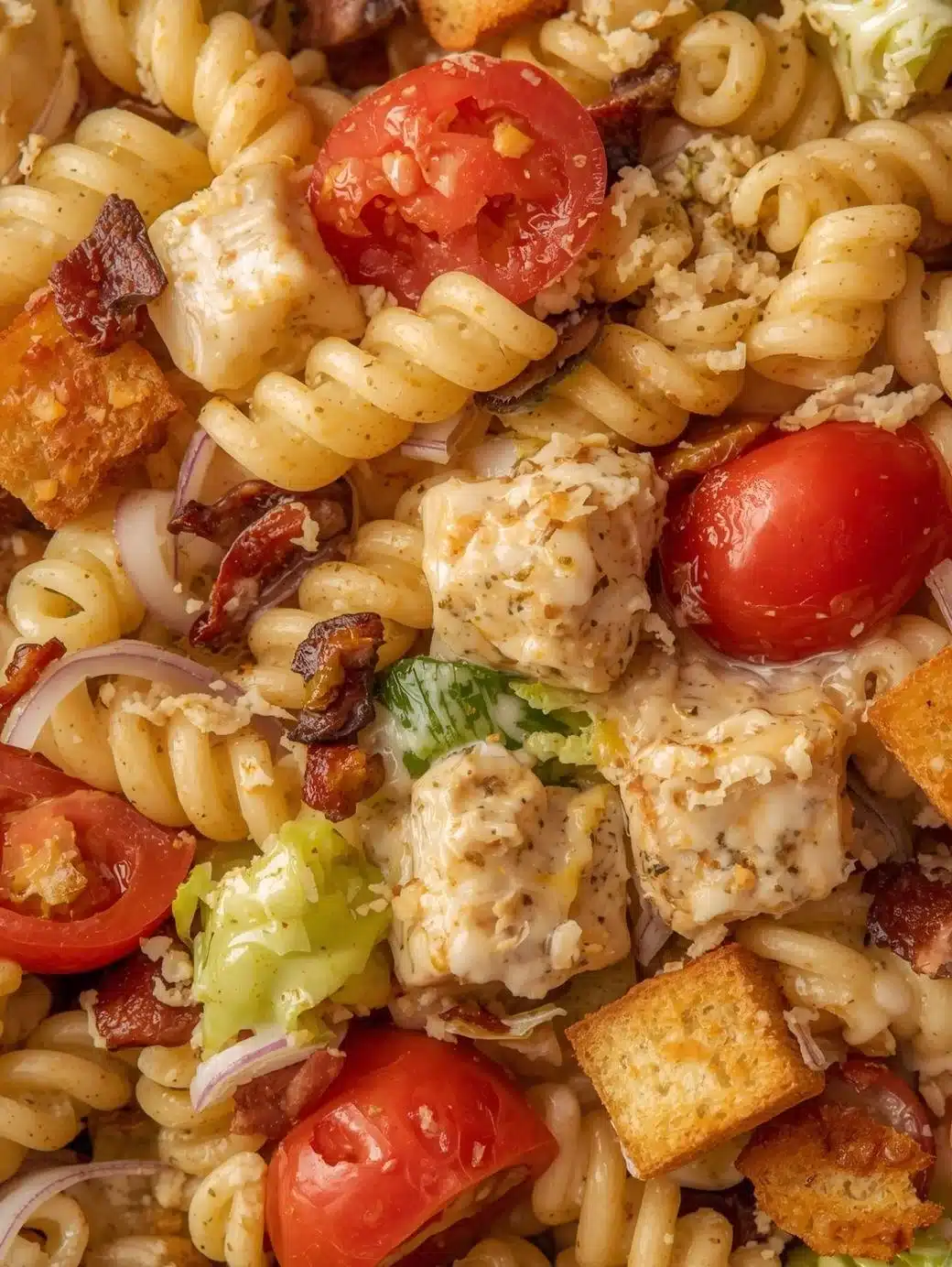 A colorful bowl of Club Sandwich Pasta Salad featuring pasta, turkey, bacon, and veggies.