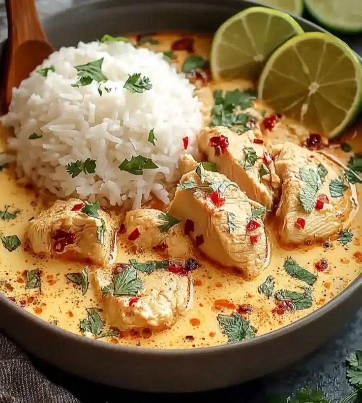 Delicious Coconut Chicken Brothy Rice garnished with fresh herbs