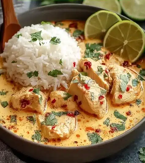 Bowl of Coconut Chicken Brothy Rice with herbs and spices