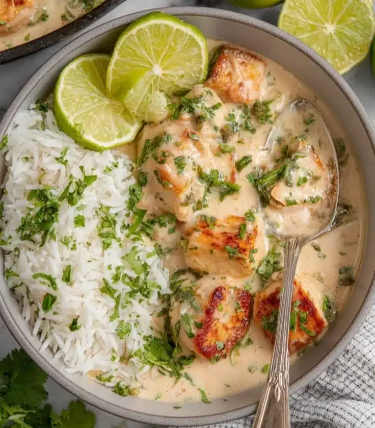 Delicious Coconut Lime Tofu served with lime wedges and fresh herbs