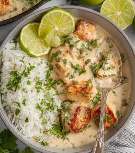 Delicious Coconut Lime Tofu garnished with fresh lime and coconut flakes.