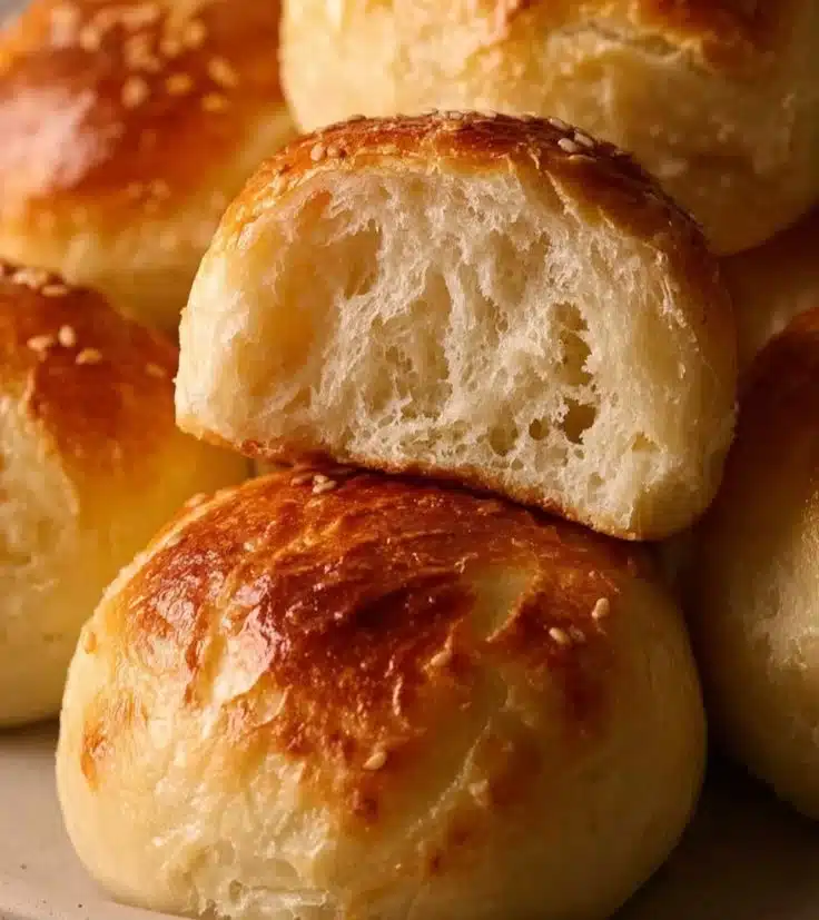 Freshly baked cottage cheese burger buns on a wooden table