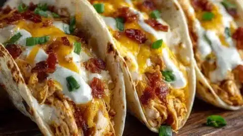 Plate of delicious Crack Chicken Tacos topped with fresh cilantro and avocado.