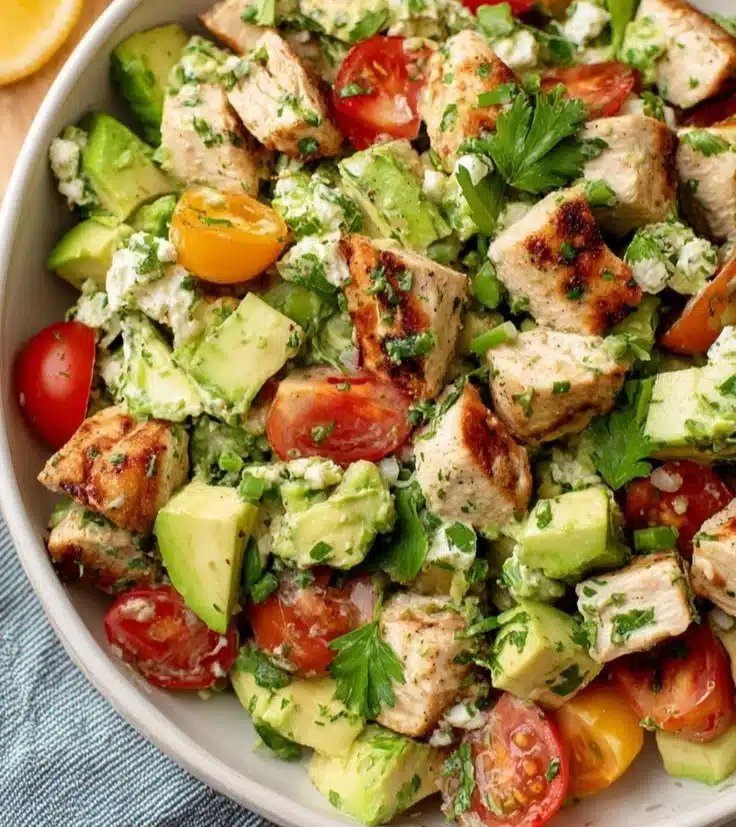 Creamy avocado chicken salad in a bowl with fresh ingredients