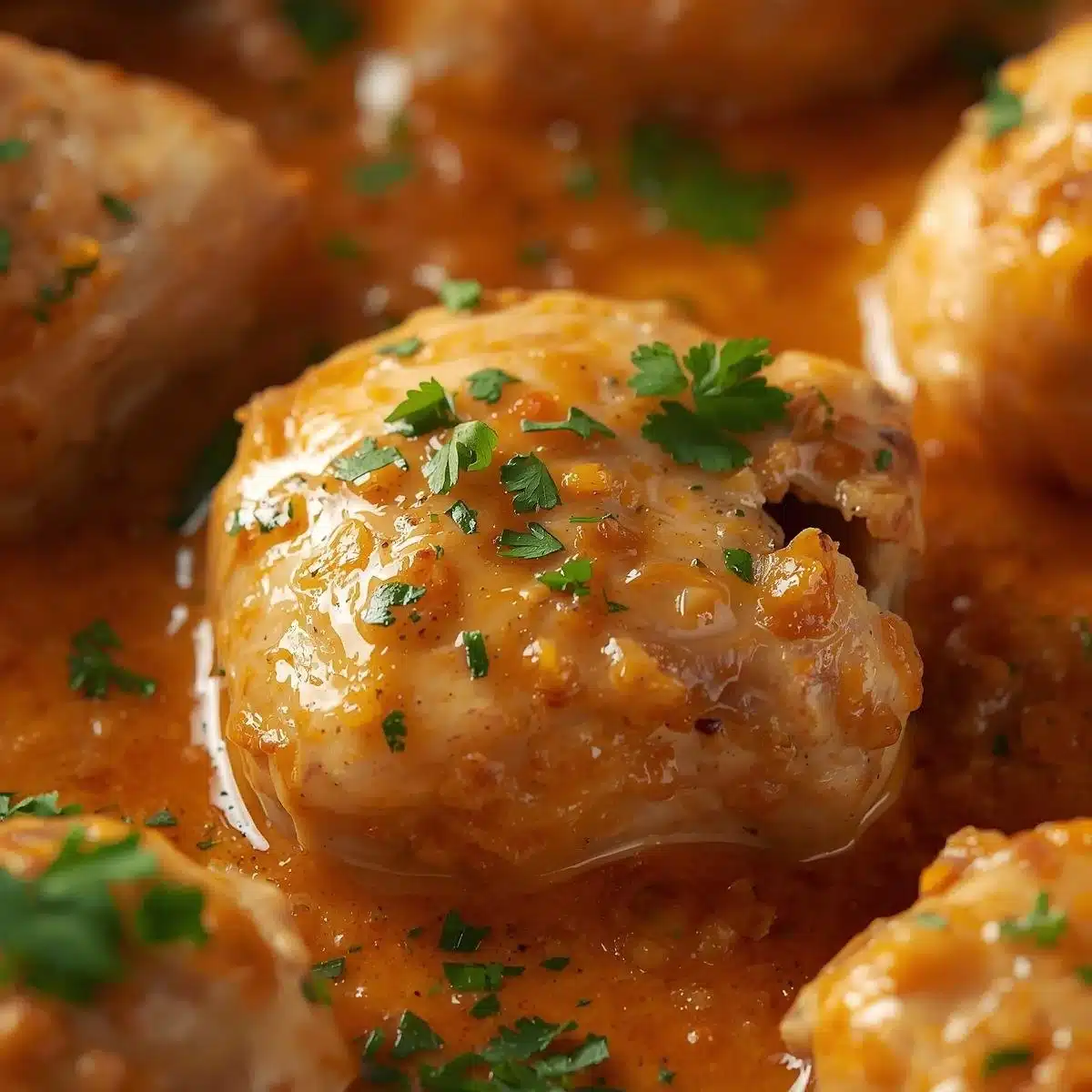 Delicious creamy garlic chicken served on a plate with fresh herbs