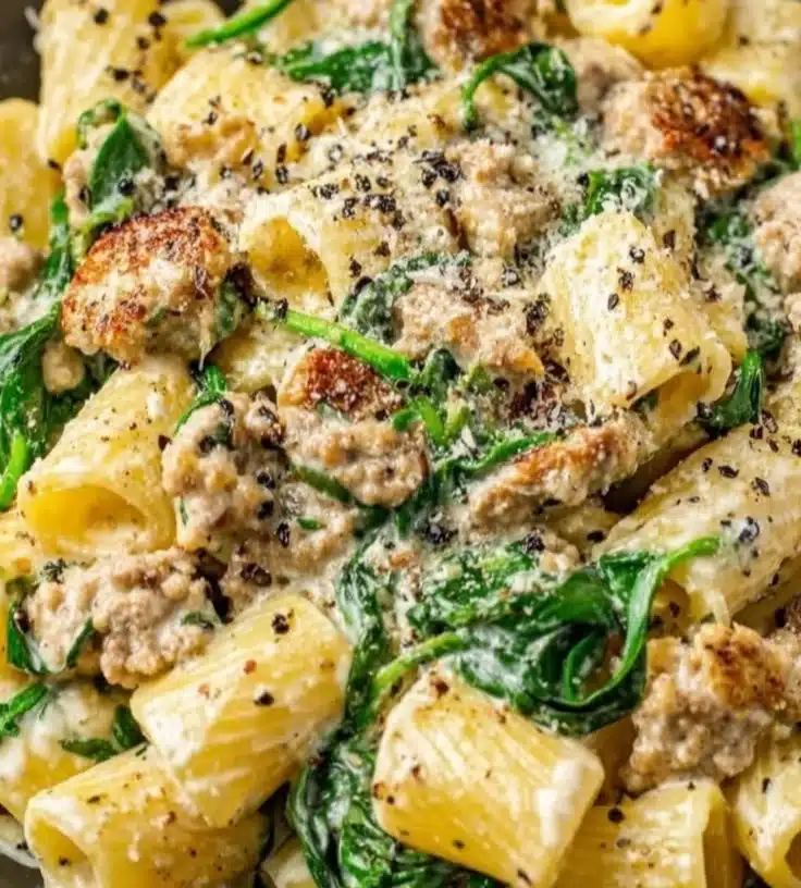 Creamy ground turkey pasta dish garnished with herbs