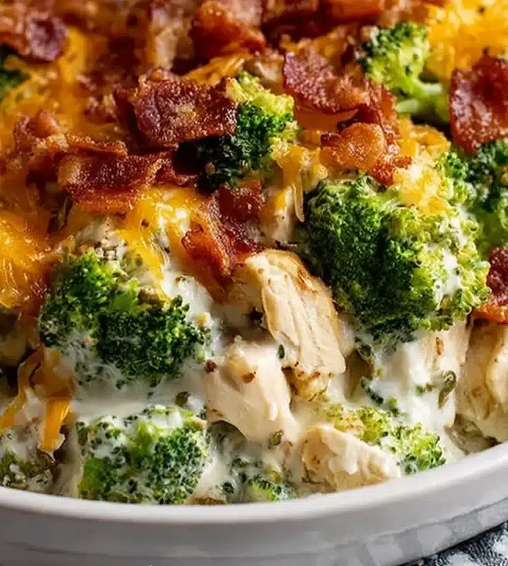Creamy low carb chicken casserole dish topped with herbs and cheese