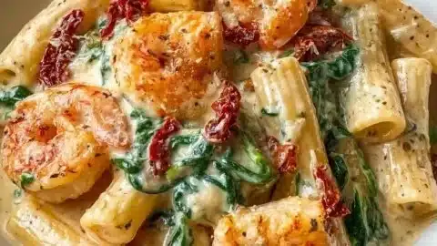 Creamy sun-dried tomato shrimp served with spinach pasta for a flavorful dish.