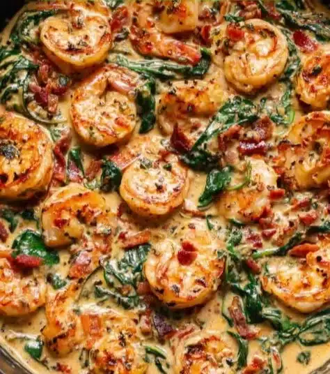 Plate of creamy Tuscan shrimp with spinach and tomatoes on a rustic table