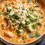 Bowl of creamy White Chicken Chili topped with fresh herbs and ingredients