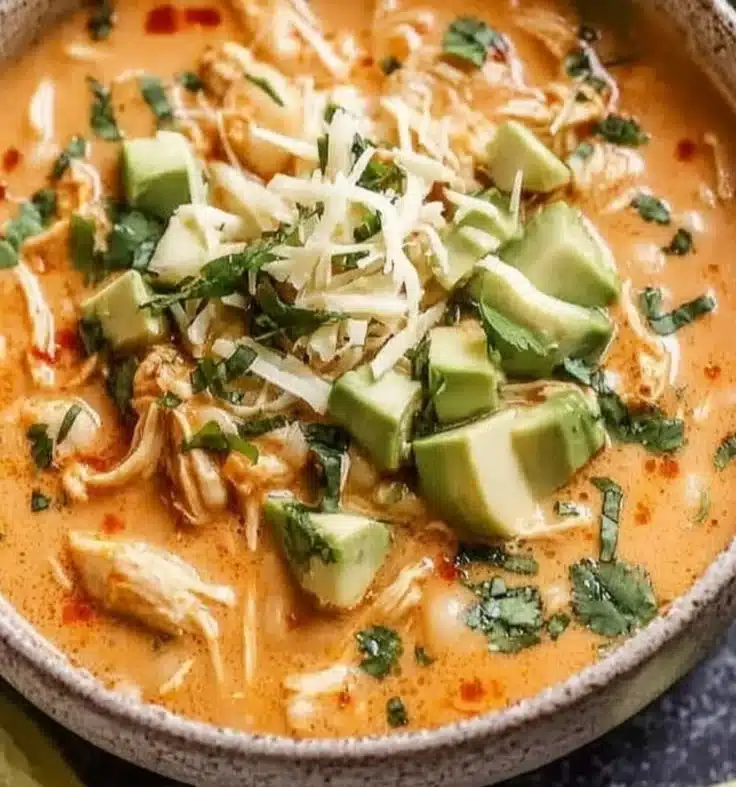 Bowl of creamy White Chicken Chili topped with fresh herbs and ingredients