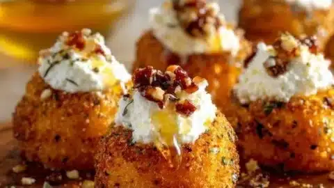 Crispy butternut squash bites topped with hot honey feta drizzle.