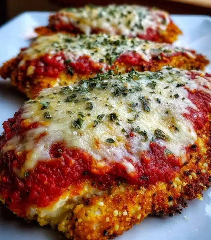 Crispy chicken parmesan served with marinara sauce and cheese