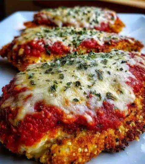 Plate of Crispy Chicken Parmesan garnished with herbs and served with pasta