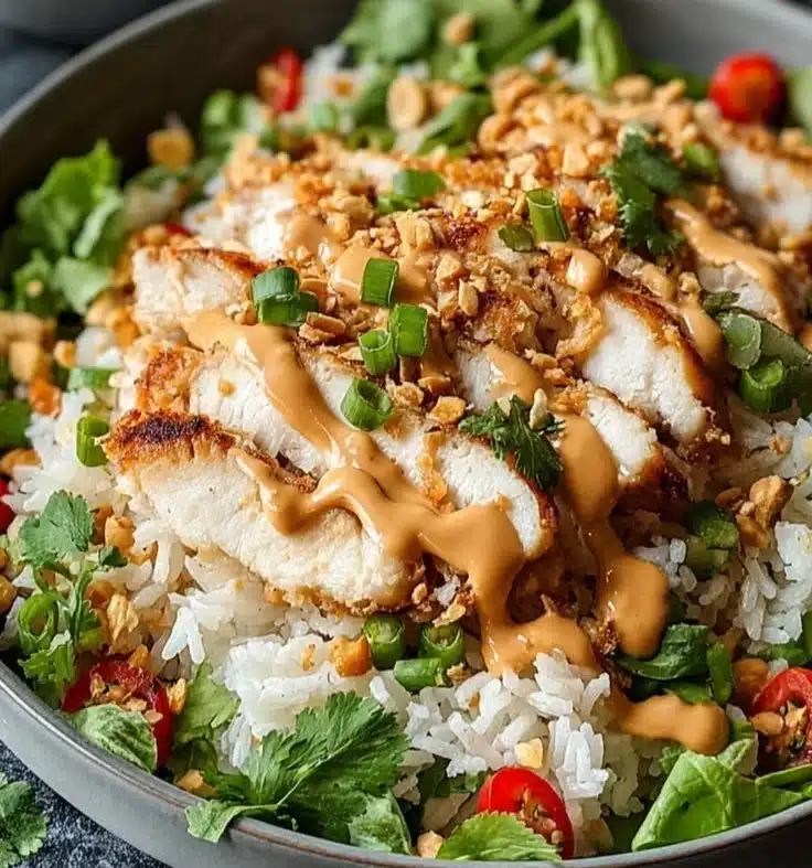 Crispy chicken rice salad with fresh vegetables and dressing