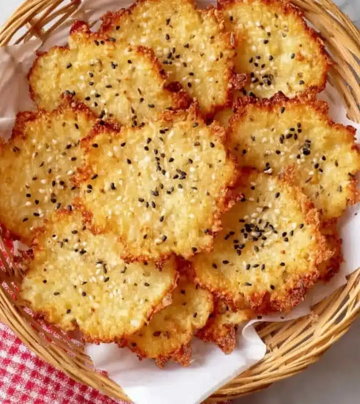 Bowl of crispy cottage cheese chips on a wooden table